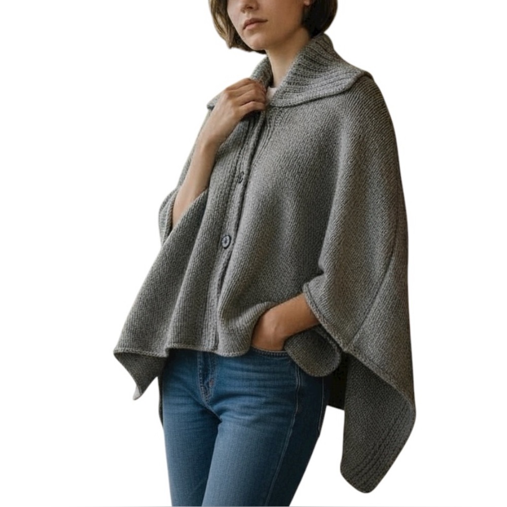 Gray Lambs Wool Button-up Sweater Cape - OS